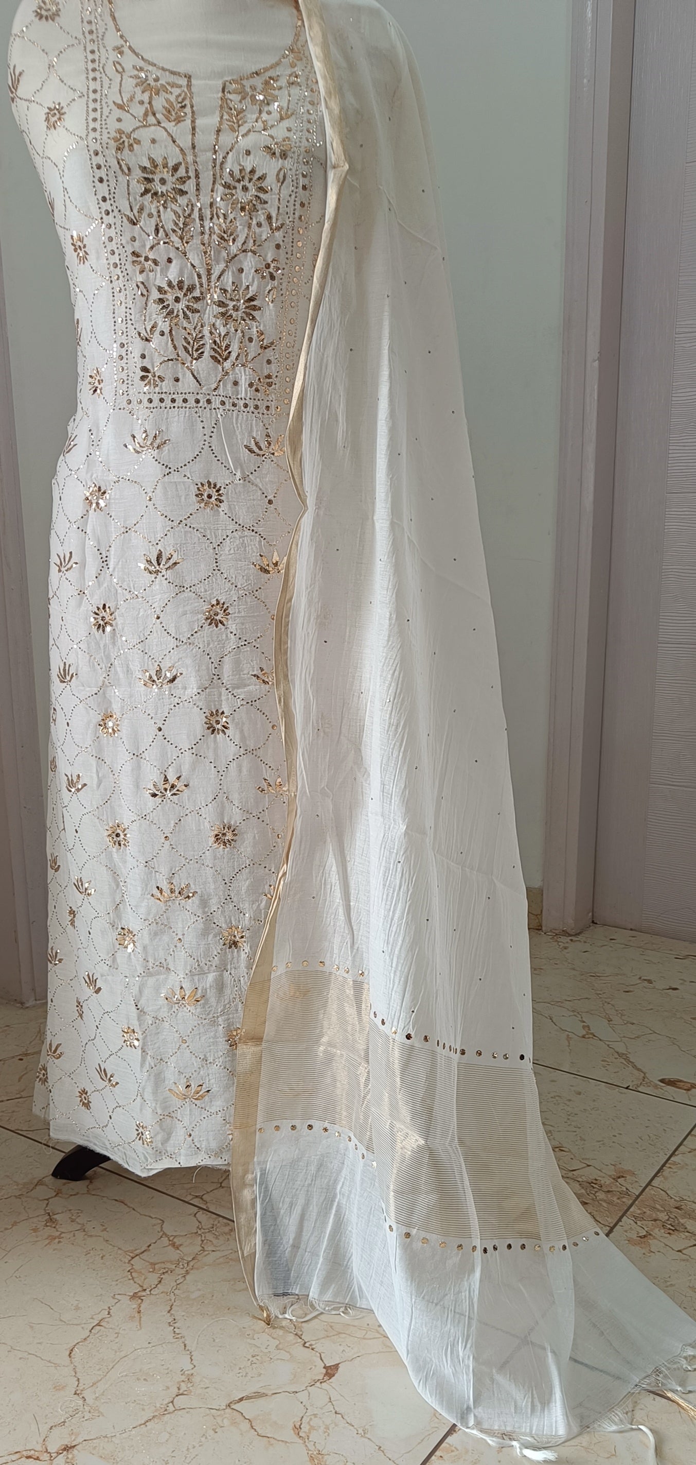 Ivory Mul Chanderi Allover Mukaish kurta dupatta set