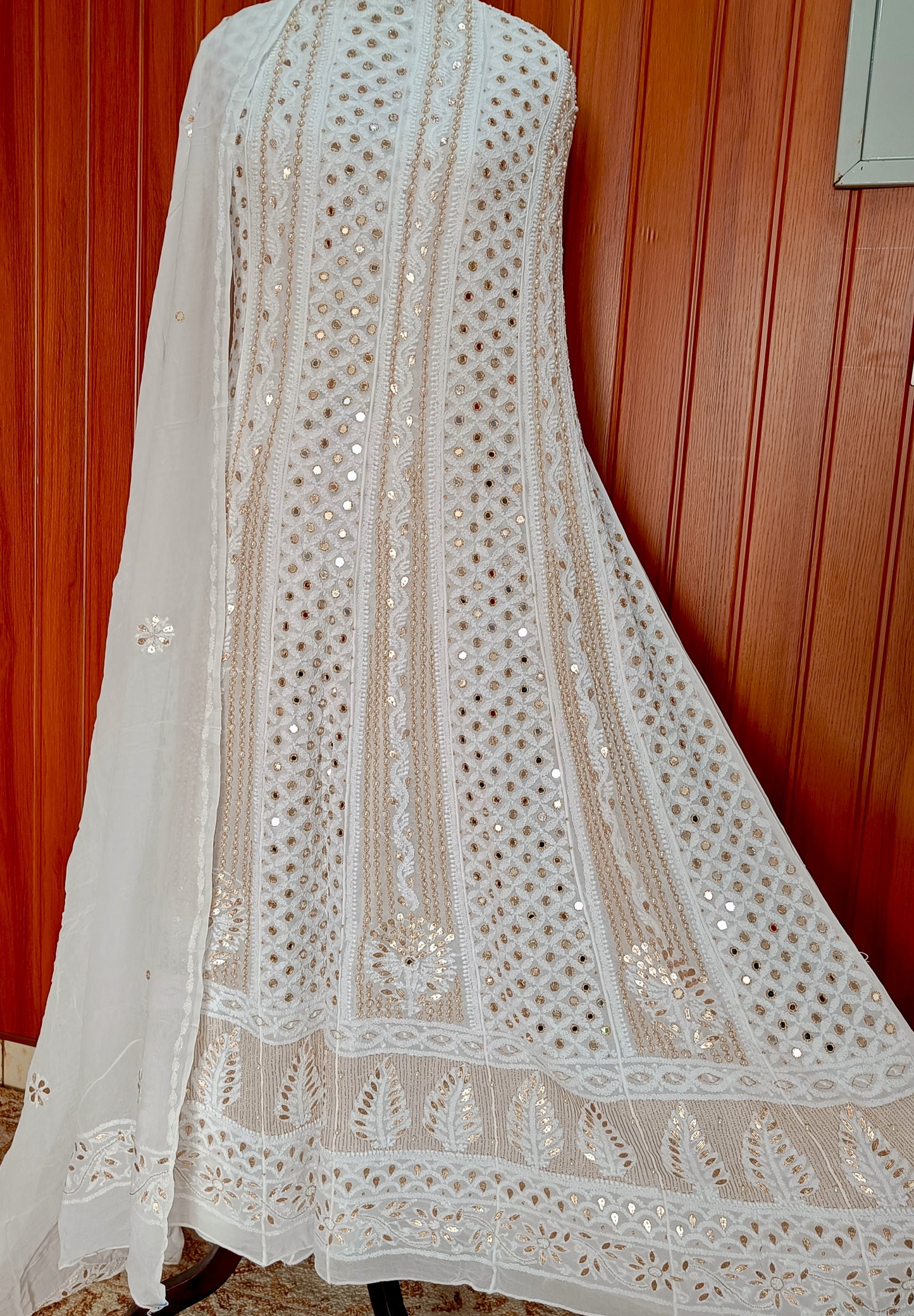 White Chikankari Mirror Gota Patti Pearl Anarkali with Dupatta