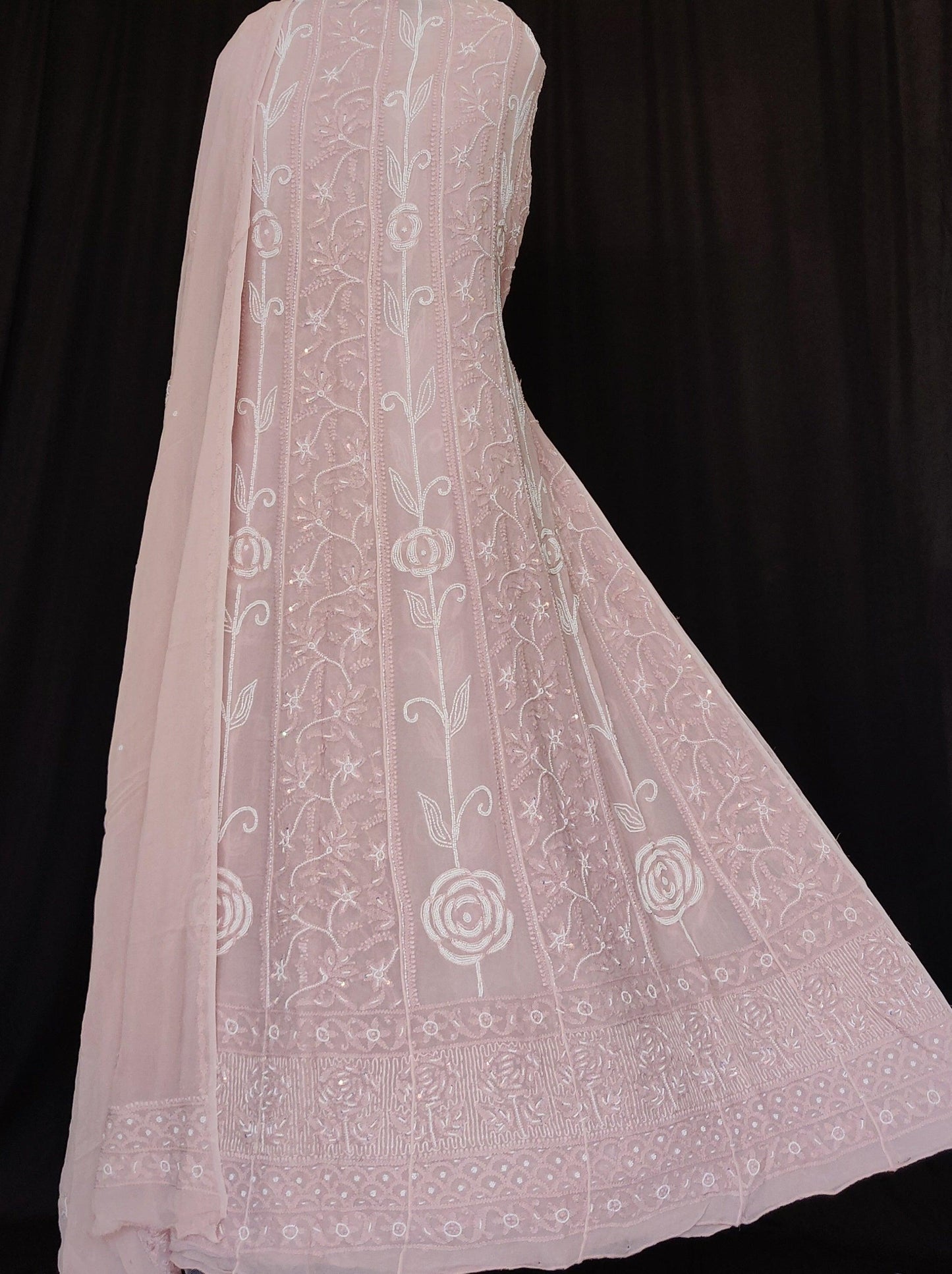 Nude pink Chikankari and pearl embroidered anarkali with dupatta - Lucknowi Andaaz