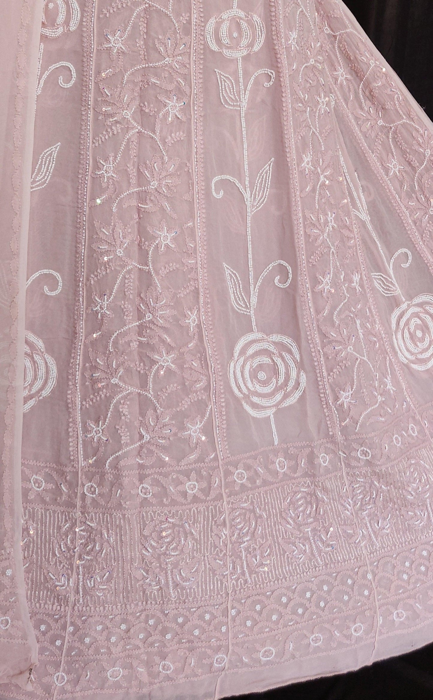 Nude pink Chikankari and pearl embroidered anarkali with dupatta - Lucknowi Andaaz