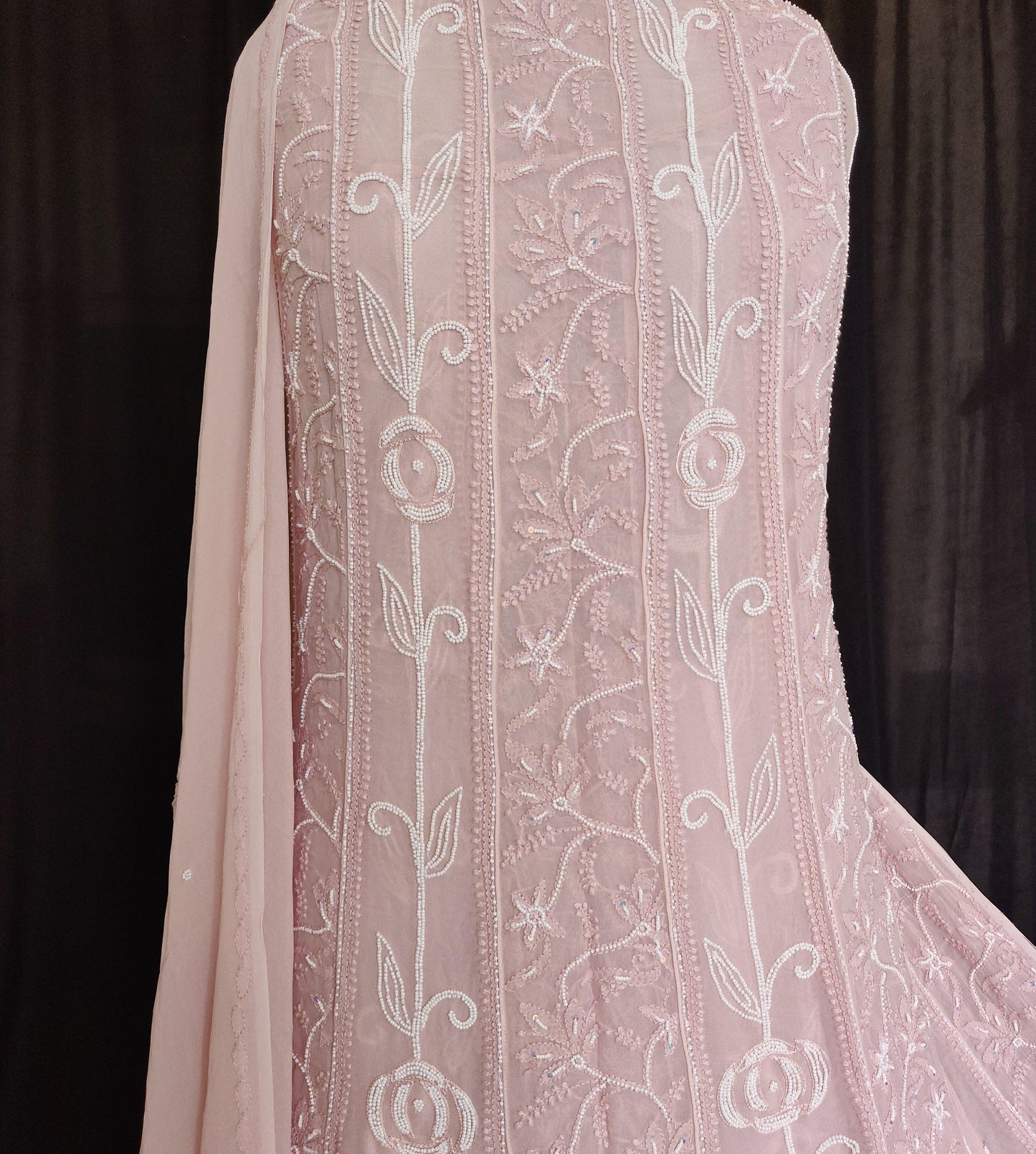 Nude pink Chikankari and pearl embroidered anarkali with dupatta - Lucknowi Andaaz