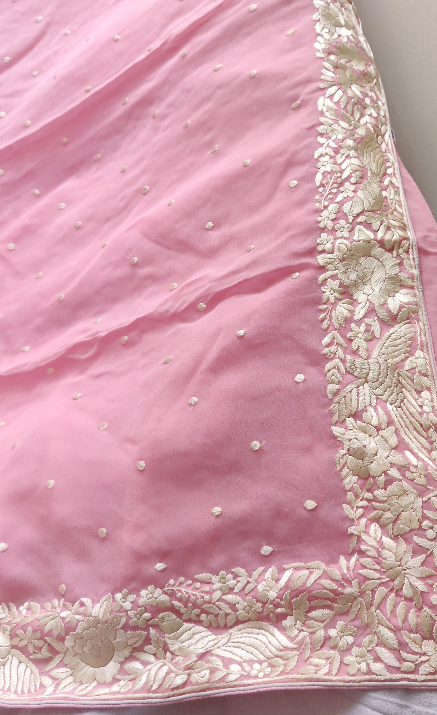 Pretty Pink pure georgette saree with parsi gara hand embroidery