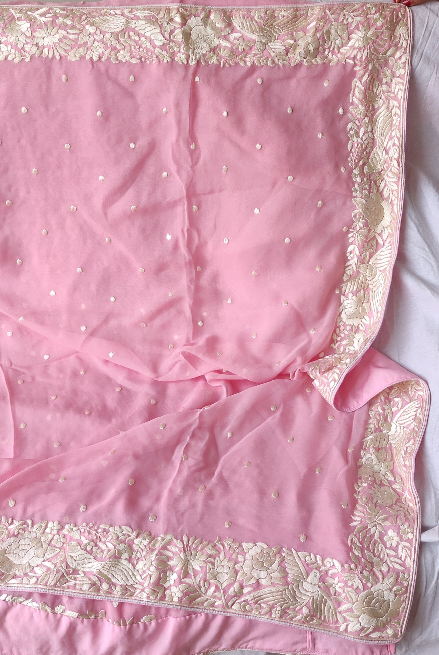 Pretty Pink pure georgette saree with parsi gara hand embroidery