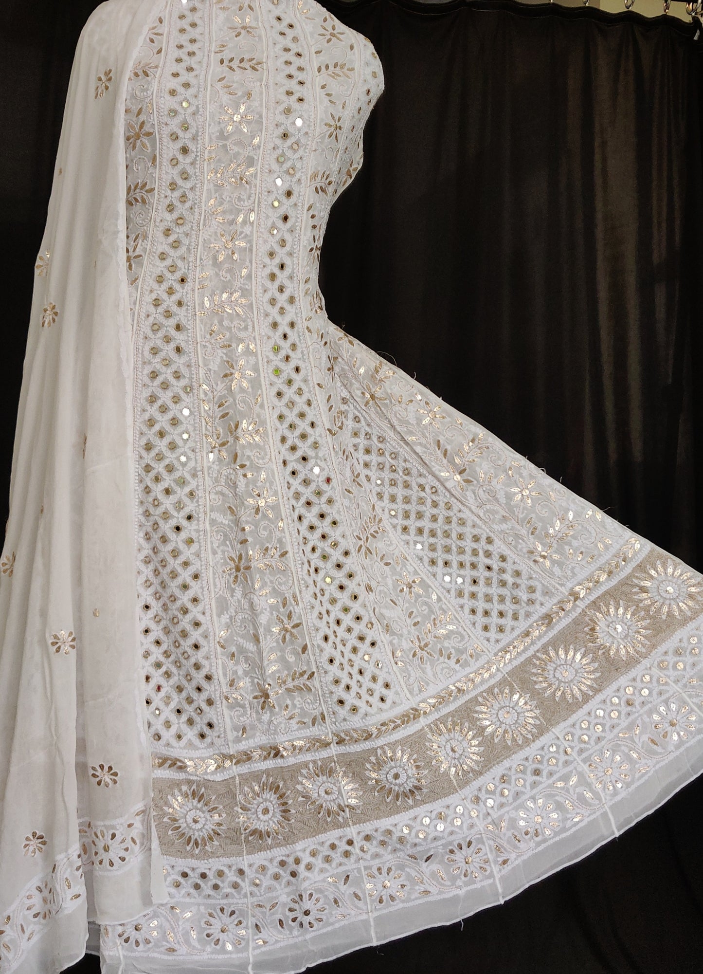 White Chikankari and mirror work anarkali with dupatta