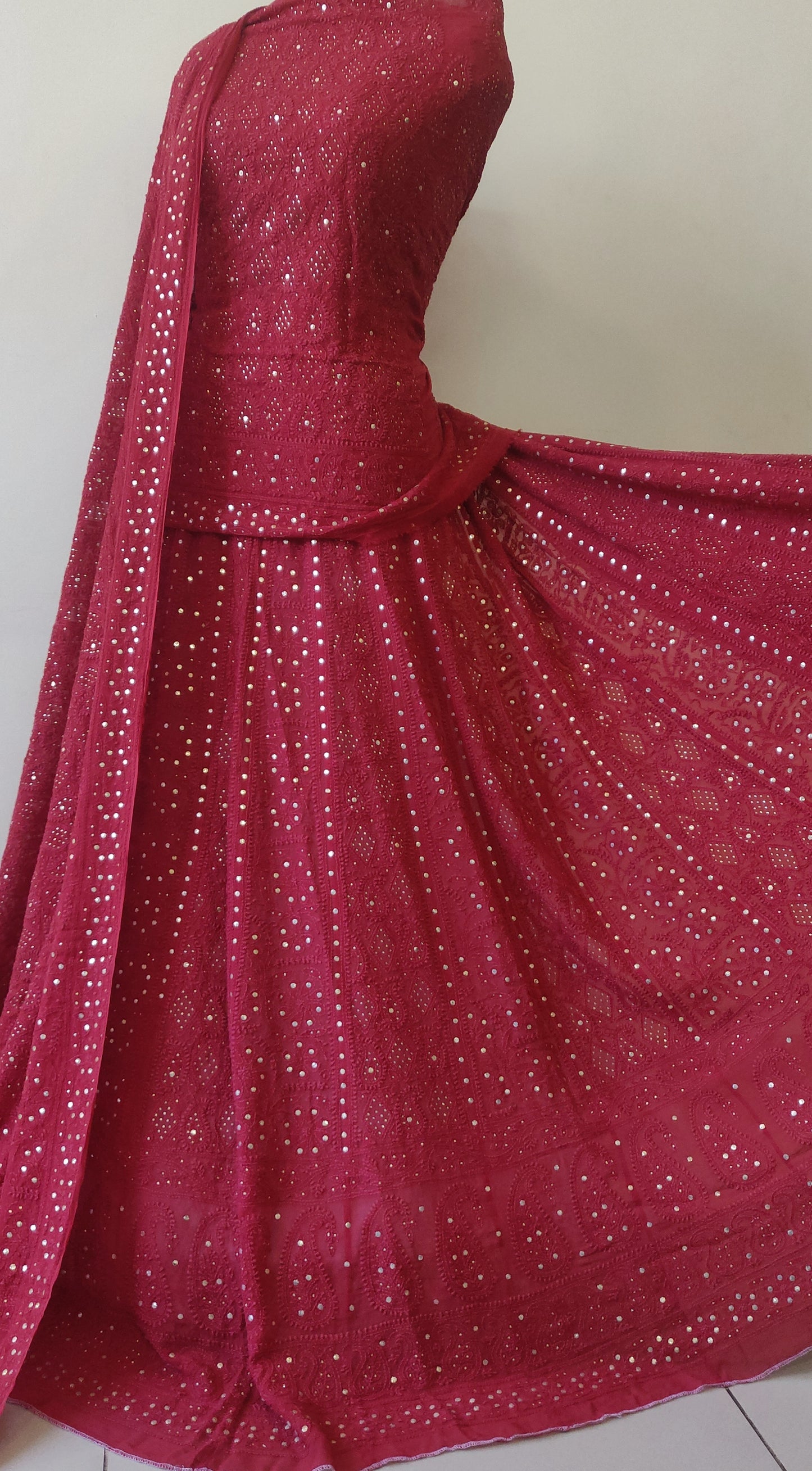 Ruhani Subtle Red Allover Chikankari and Mukaish Lehenga Set