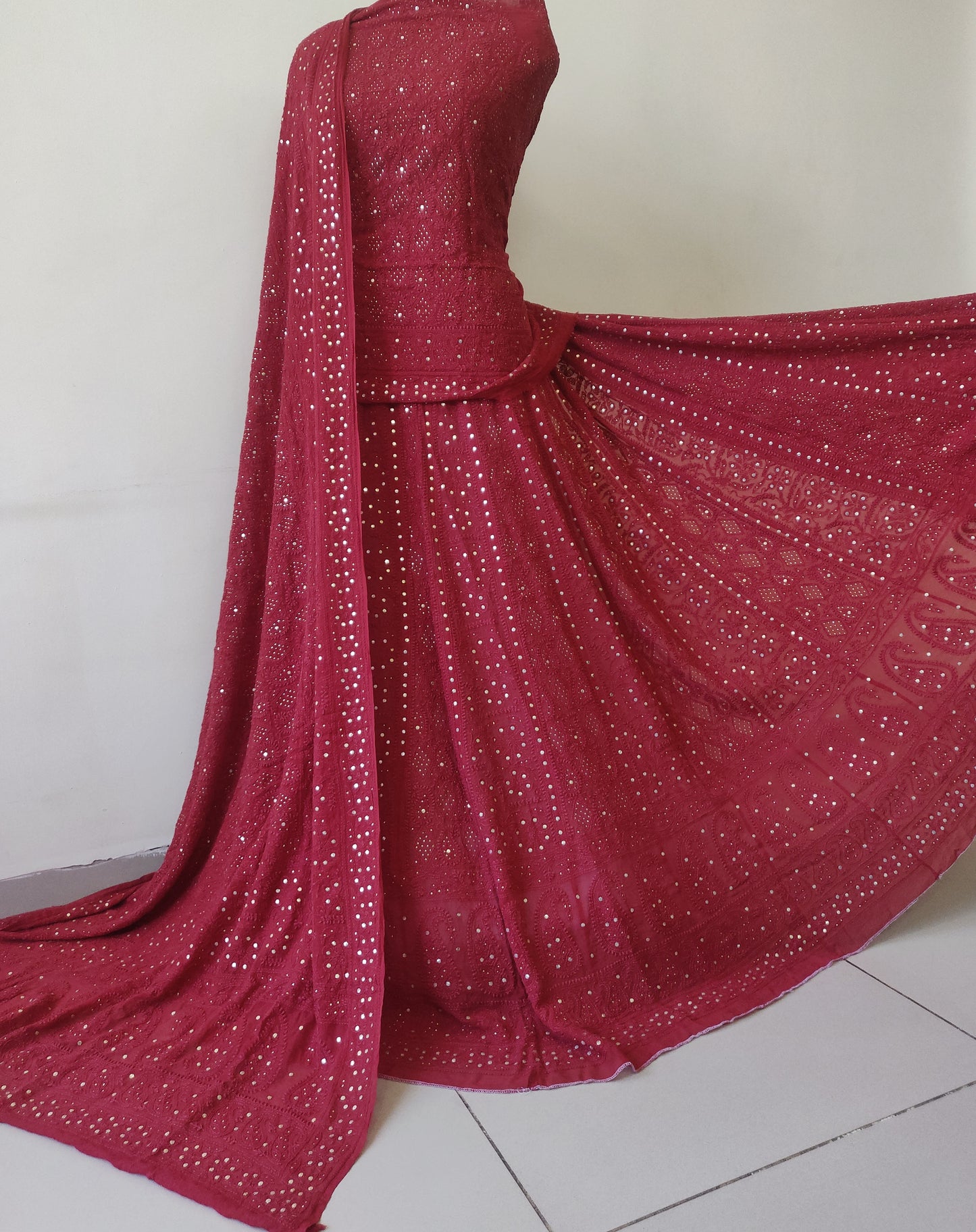 Ruhani Subtle Red Allover Chikankari and Mukaish Lehenga Set