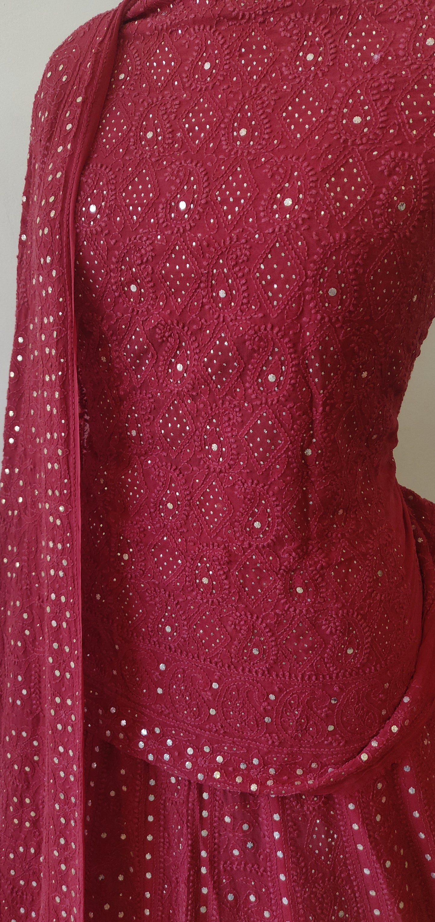 Ruhani Subtle Red Allover Chikankari and Mukaish Lehenga Set