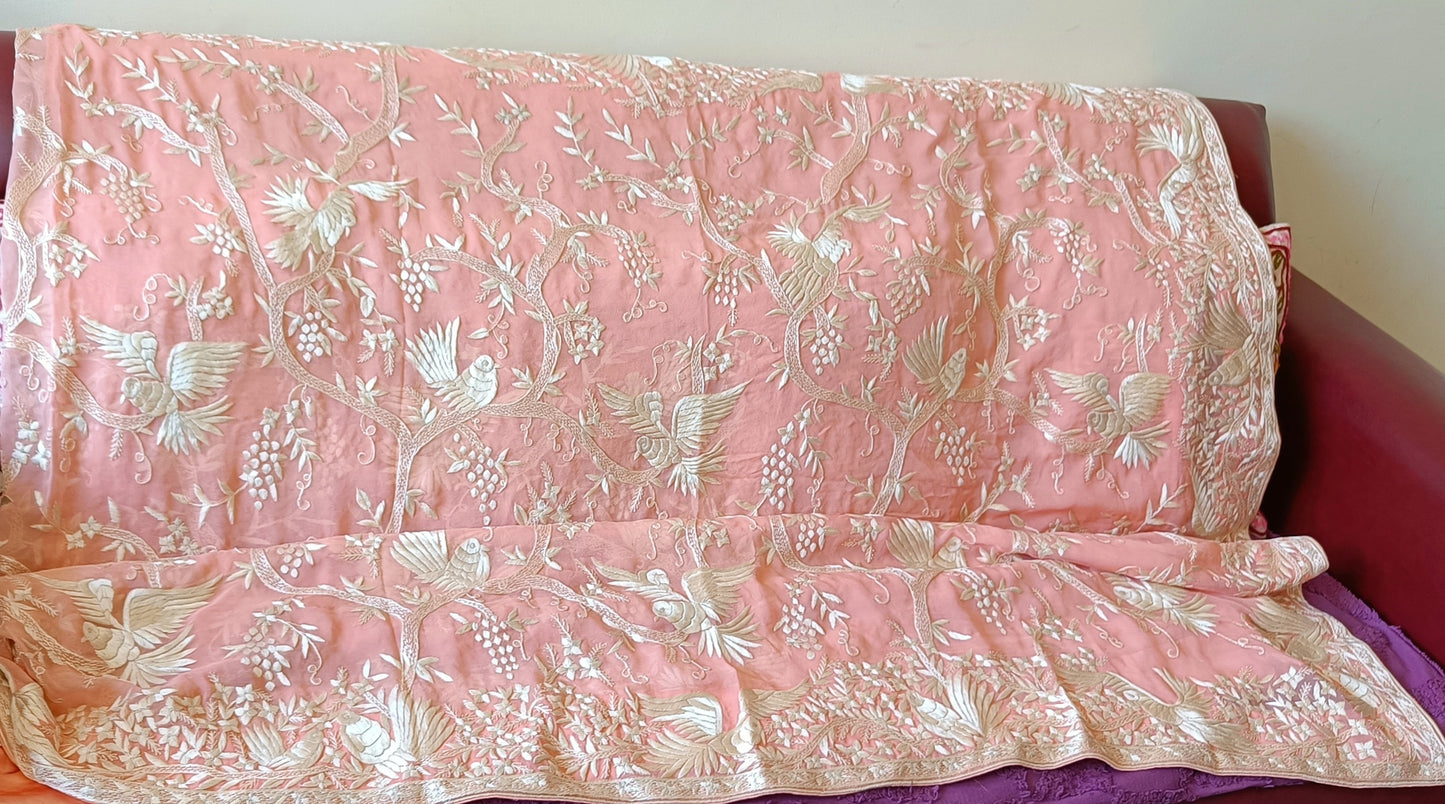 Parsi Gara Pink Saree Pure Georgette Allover Hand Embroidered