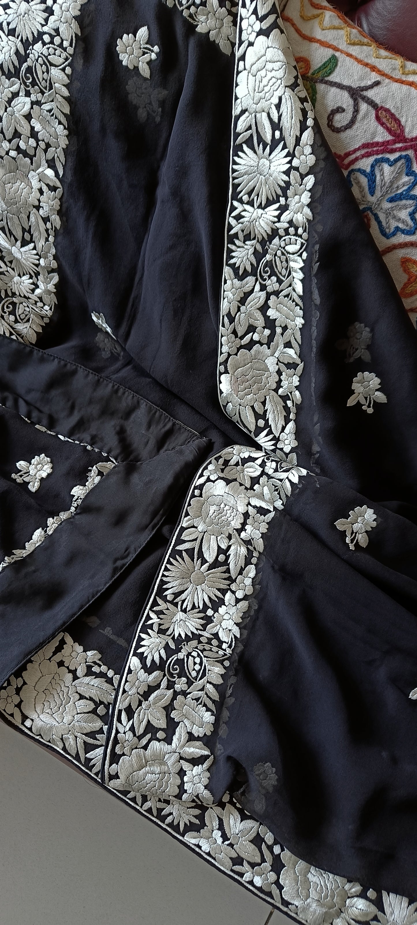Black and Ivory Pure Georgette Dupatta With Parsi Gara Hand Embroidery