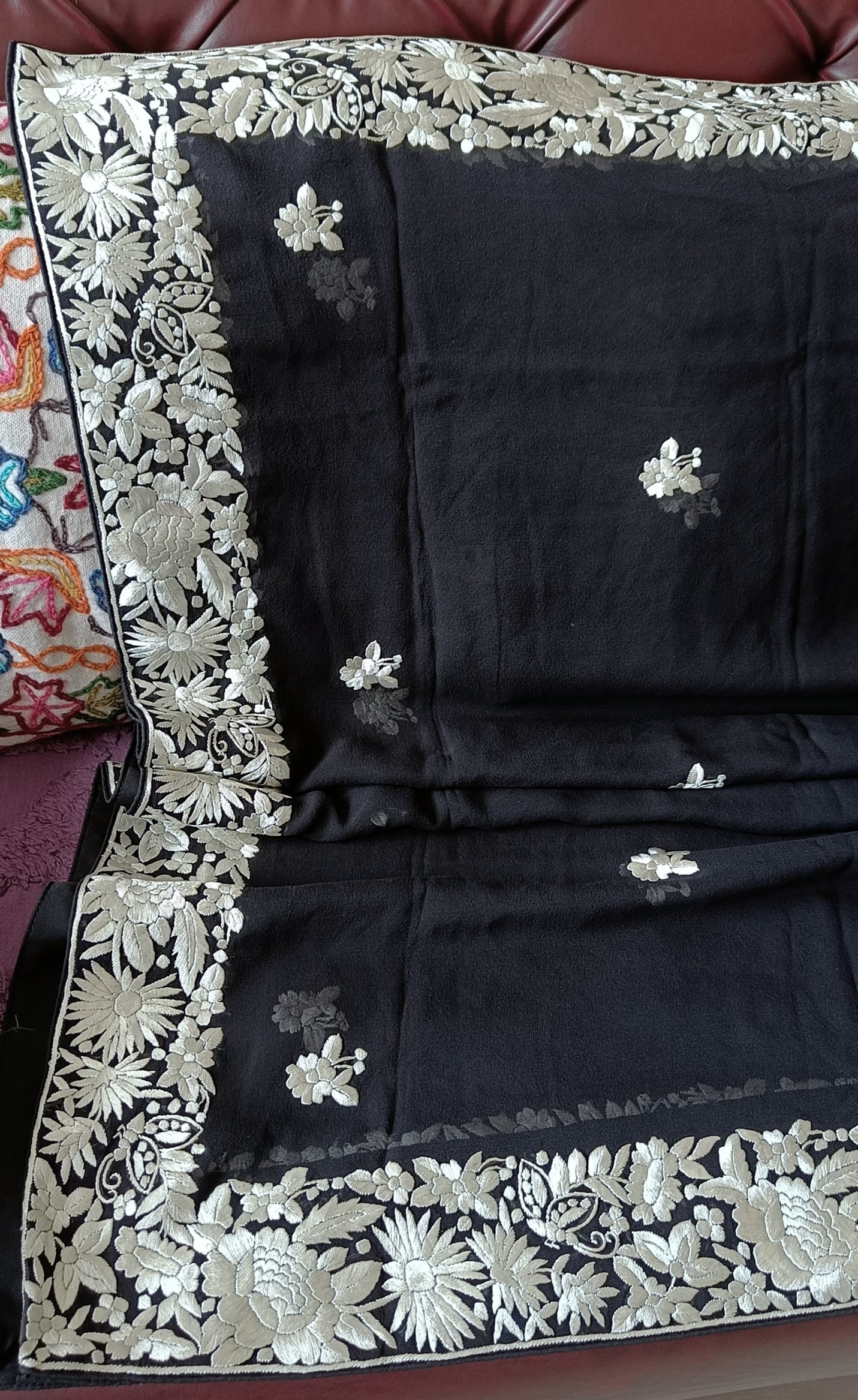 Black and Ivory Pure Georgette Dupatta With Parsi Gara Hand Embroidery