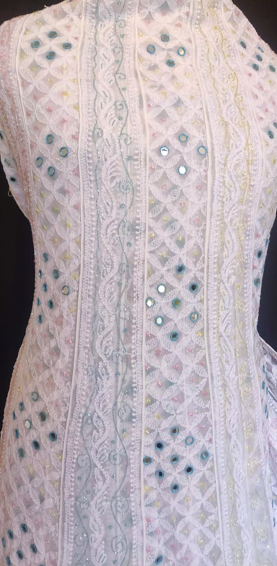 White Chikankari and Multicolored Cut Dana Mirror and Pearl Work Anarkali