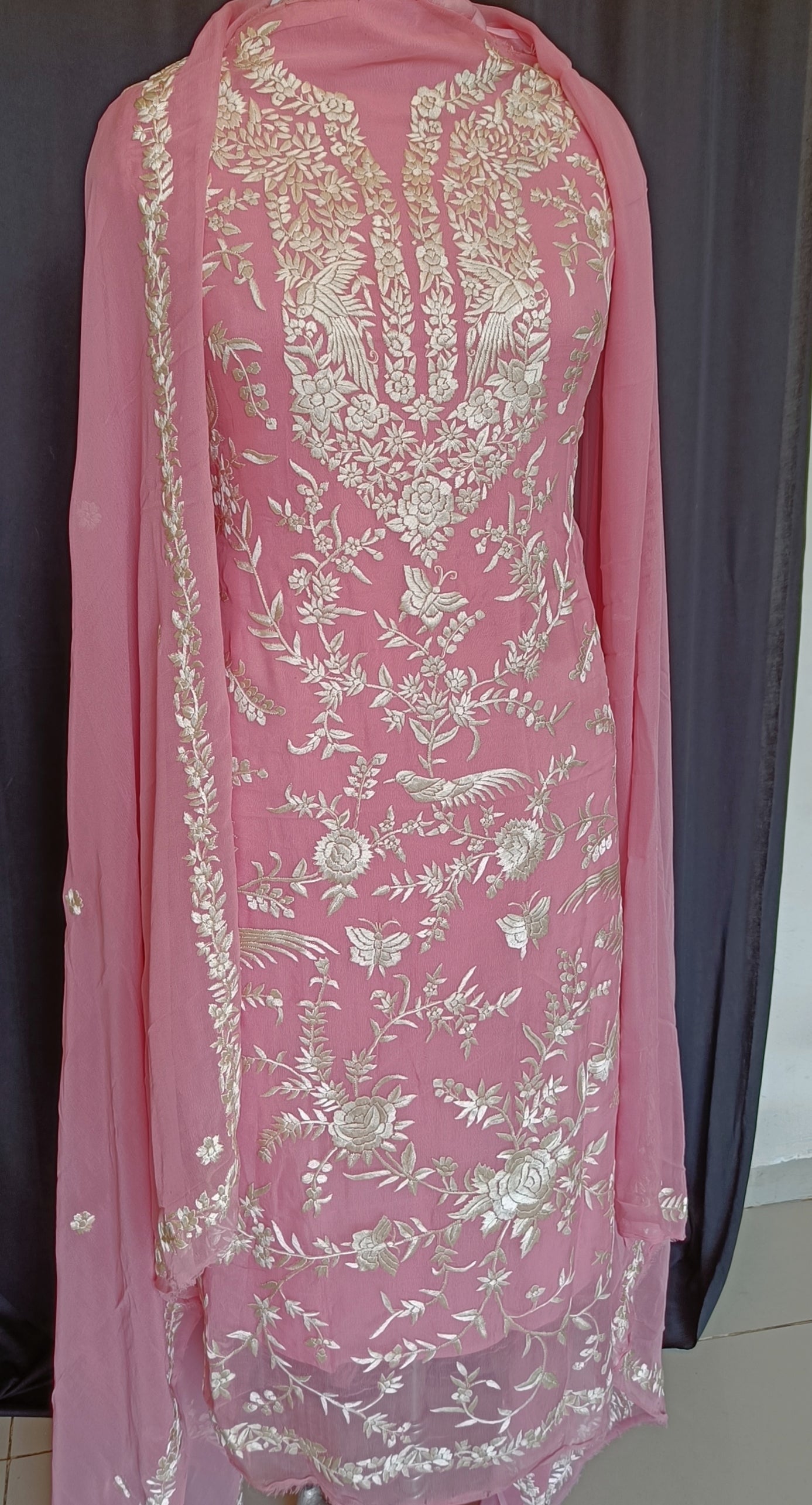 Pink Masterpiece Hand Embroidered Parsi Gara Full Suit
