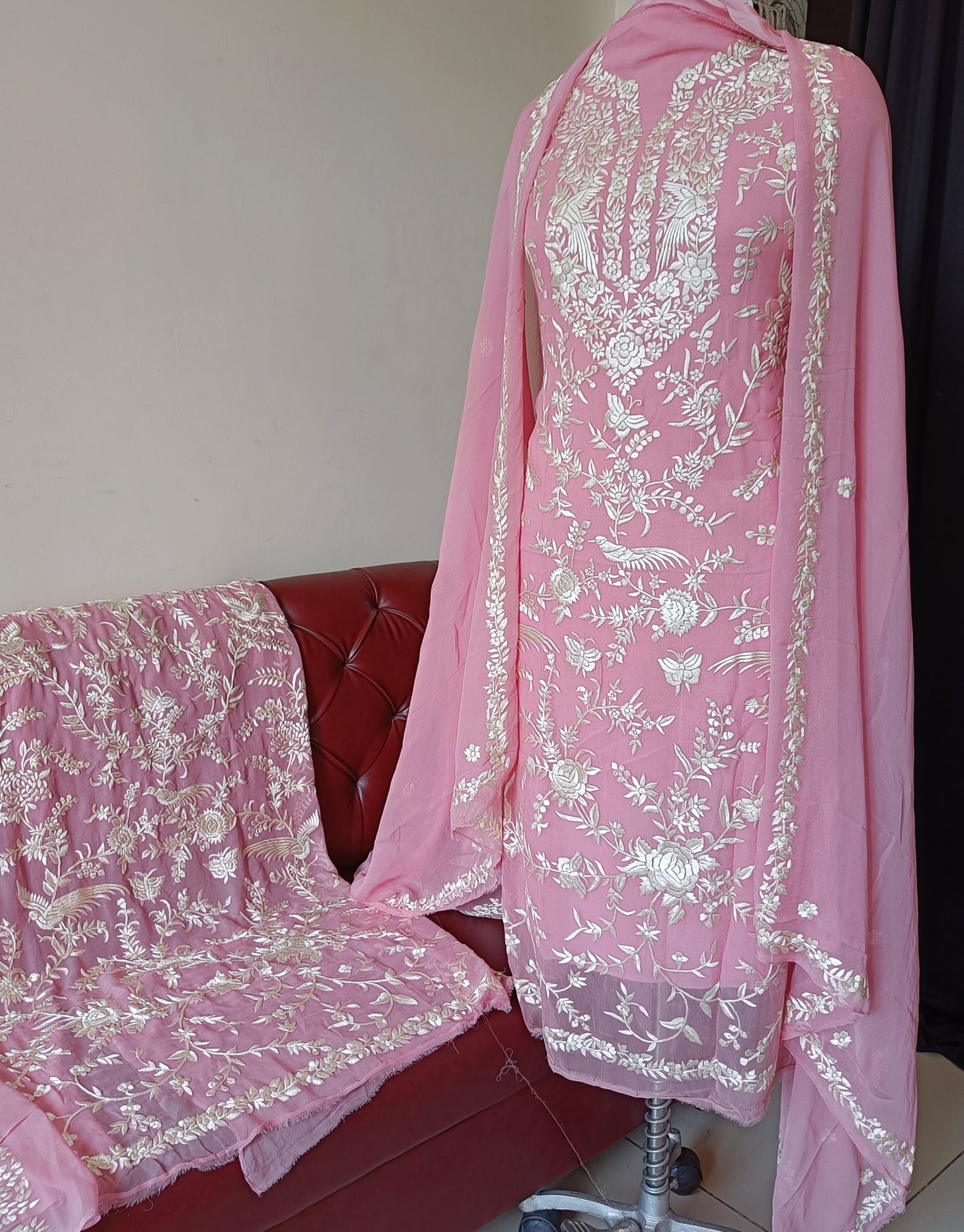 Pink Masterpiece Hand Embroidered Parsi Gara Full Suit