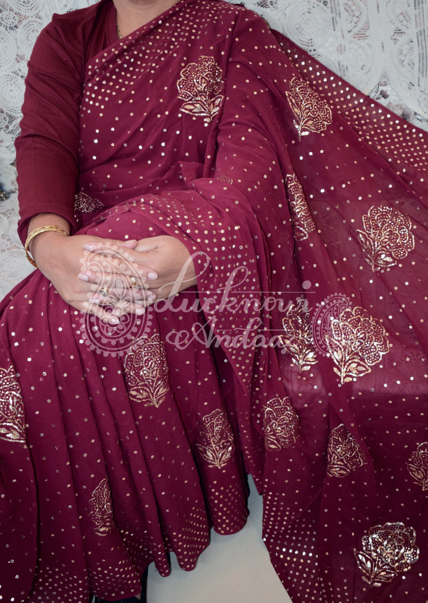 Ruhani Burgundy allover gulaab pattern badla work saree