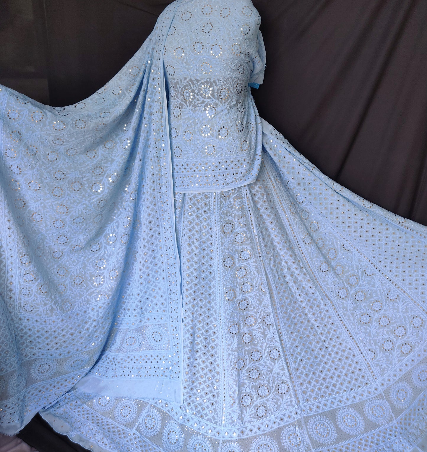 Sky blue allover Chikankari and mukaish lehenga set