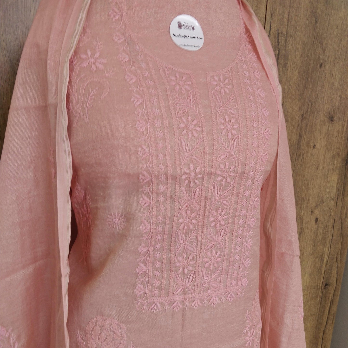 Peachish pink Tissue chanderi fine Chikankari Kurta and Dupatta - Lucknowi Andaaz