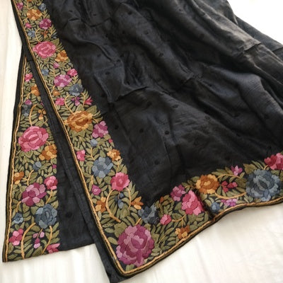 Zeebah Black Parsi Gara Hand Embroidered Tussar Silk Saree