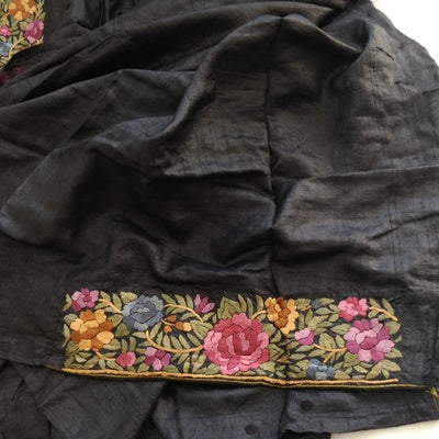 Zeebah Black Parsi Gara Hand Embroidered Tussar Silk Saree